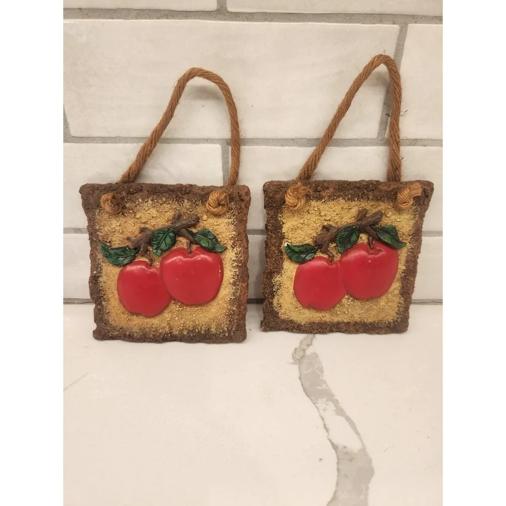 Vintage Apple Kitchen Wall Plaques Country Farmhouse Cottagecore Rustic Set of 2